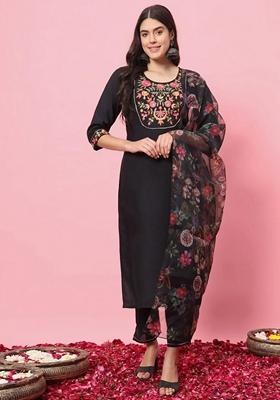 Black Embroidered Viscose Rayon Salwar Kameez With Dupatta