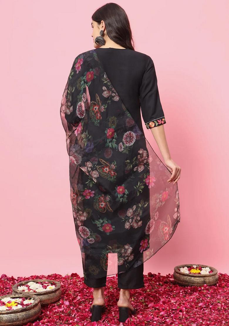 Black Embroidered Viscose Rayon Salwar Kameez With Dupatta