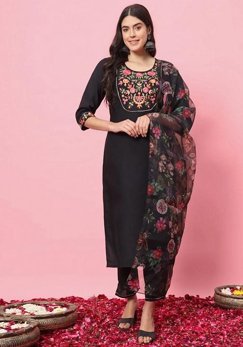 Black Embroidered Viscose Straight Kurta Set