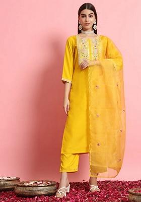 Yellow Embroidered Silk Blend Salwar Kameez With Dupatta