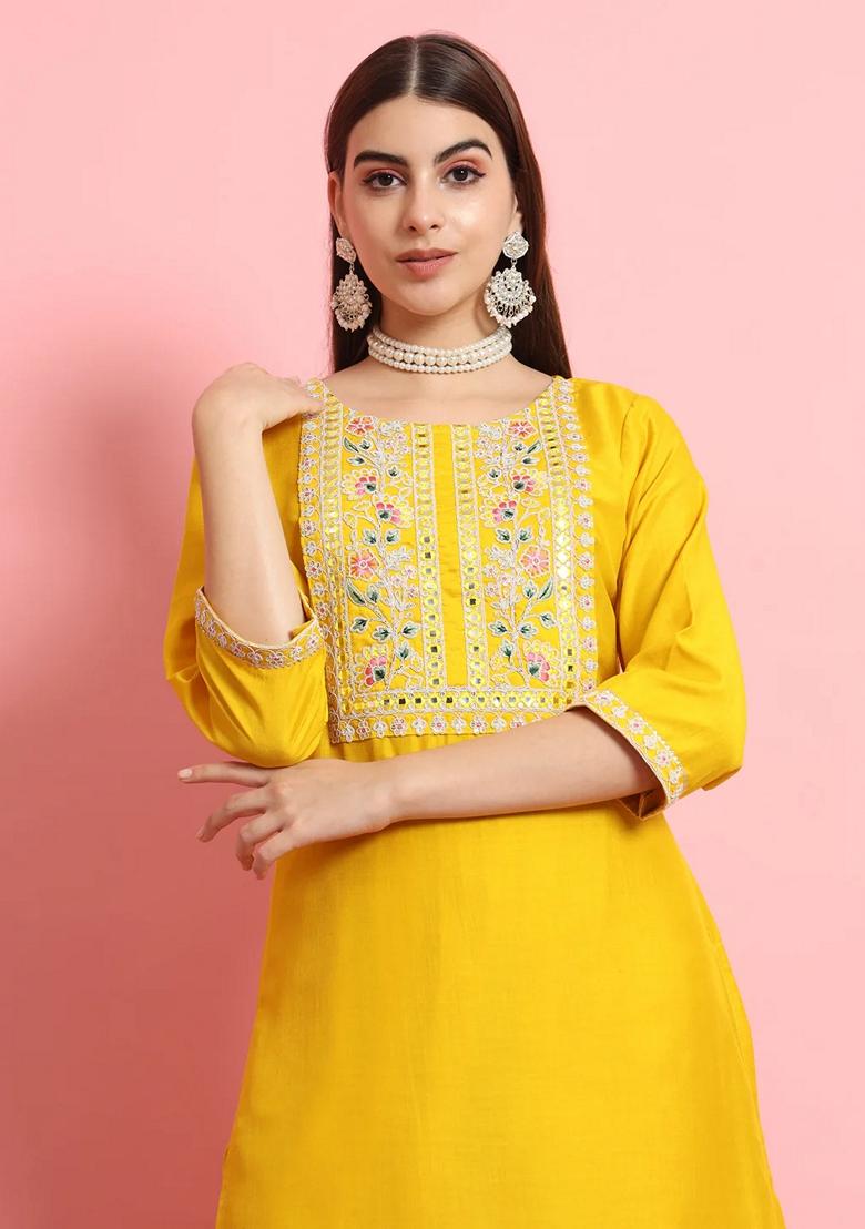 Yellow Embroidered Silk Blend Salwar Kameez With Dupatta