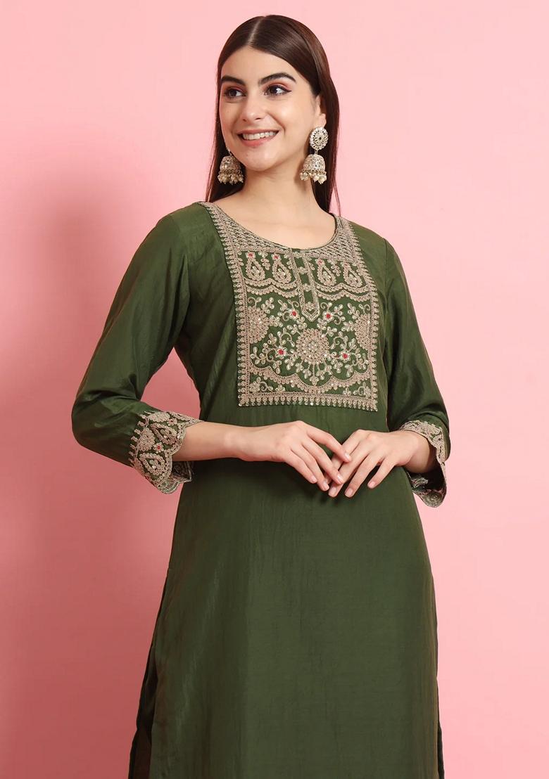 Green Embroidered Silk Blend Salwar Kameez With Dupatta
