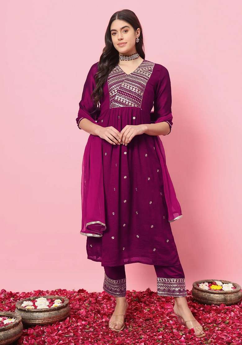 Purple Embroidered Silk Blend A Line Kurta Set - Indya