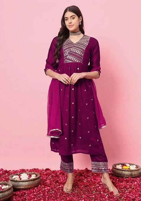 Purple Embroidered Silk A Line Kurta Set