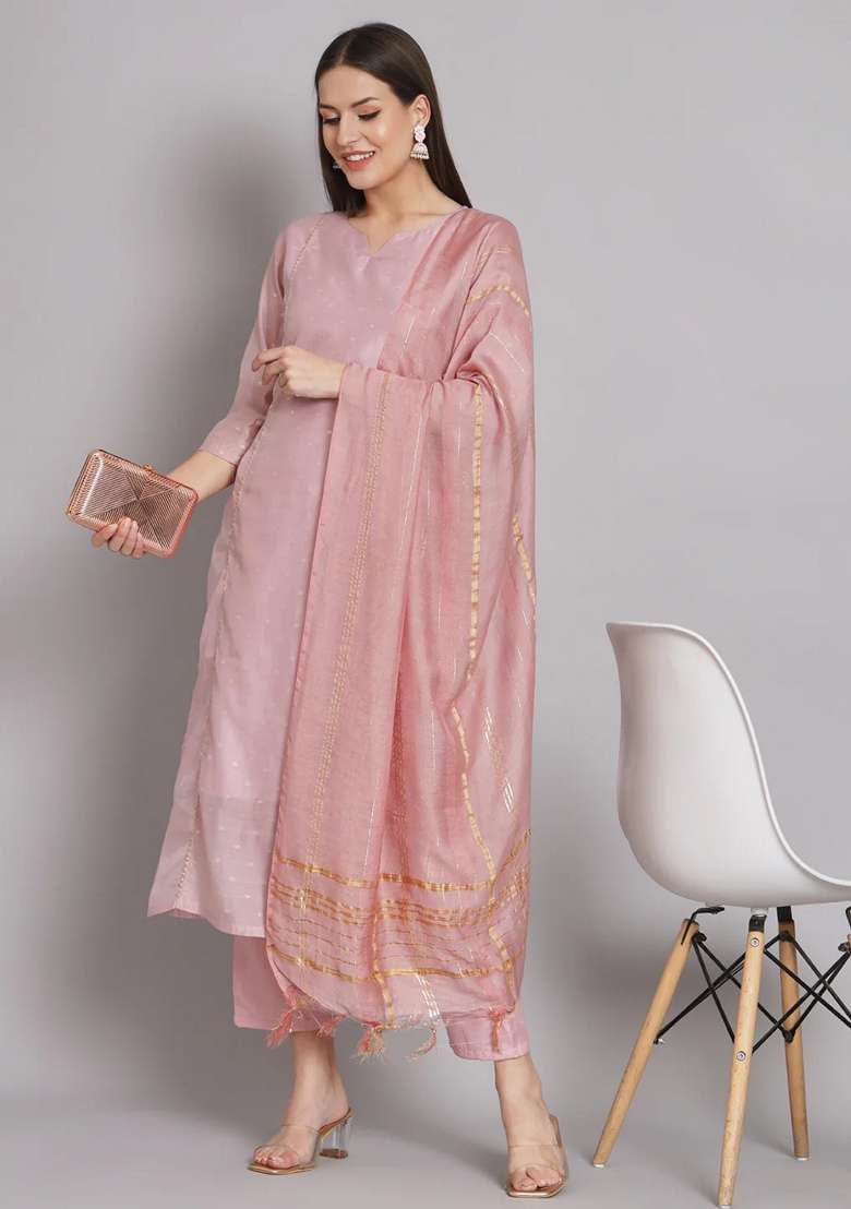 Pink Solid Chanderi Straight Kurta Set - Indya