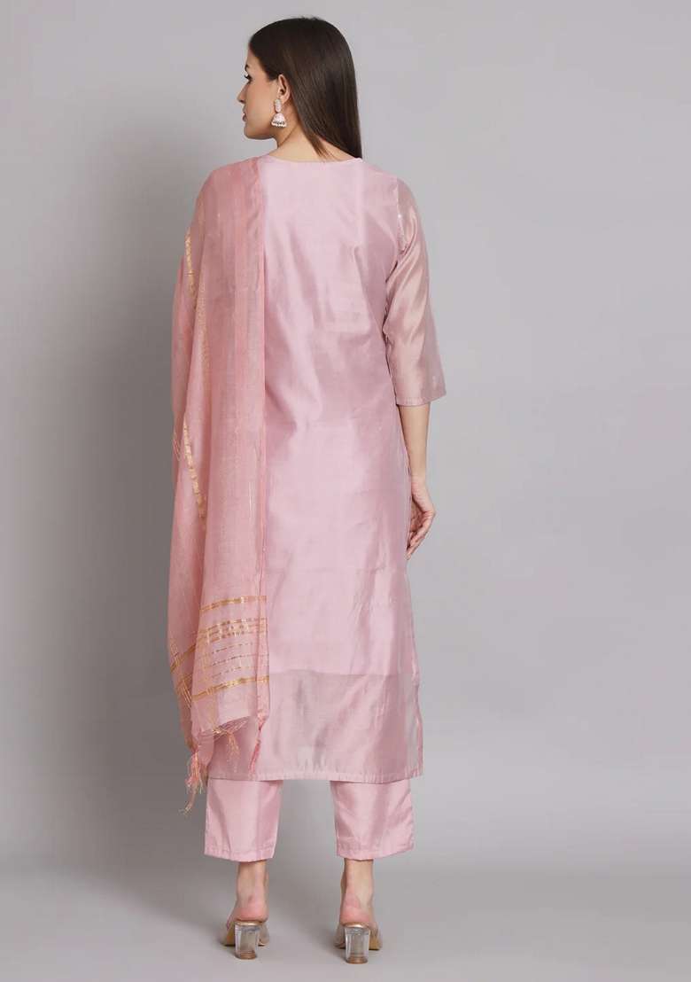 Pink Solid Chanderi Straight Kurta Set - Indya