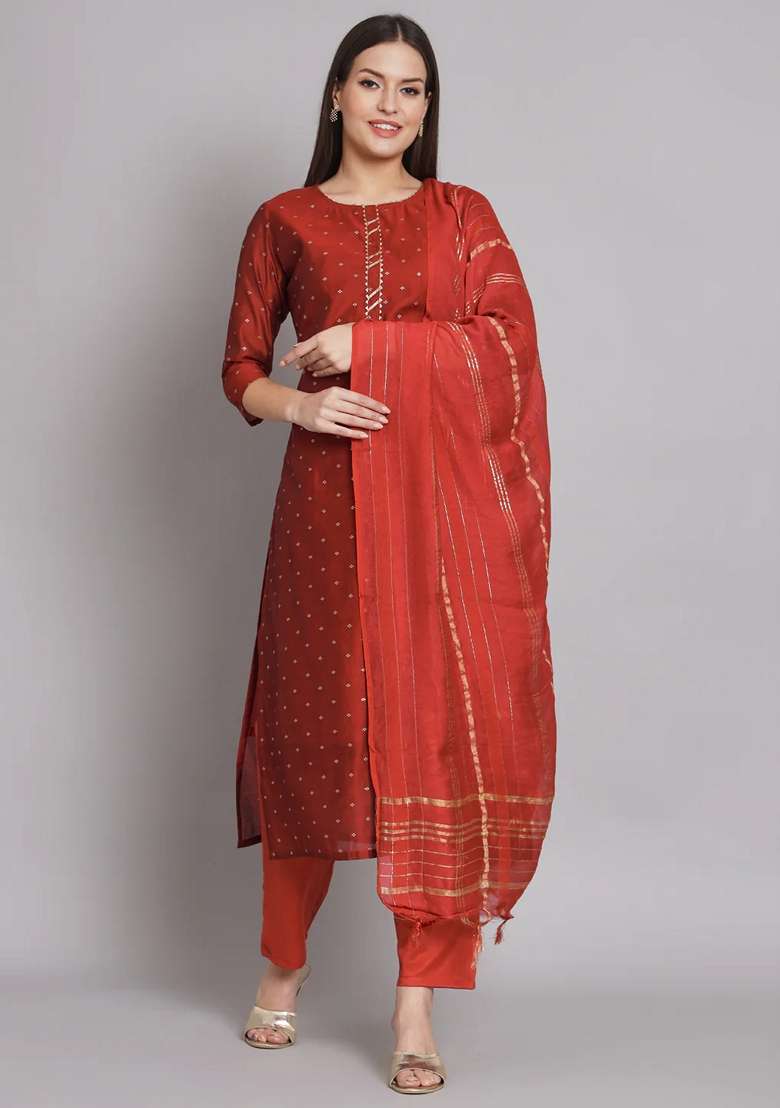 Maroon Printed Chanderi Straight Kurta Set - Indya