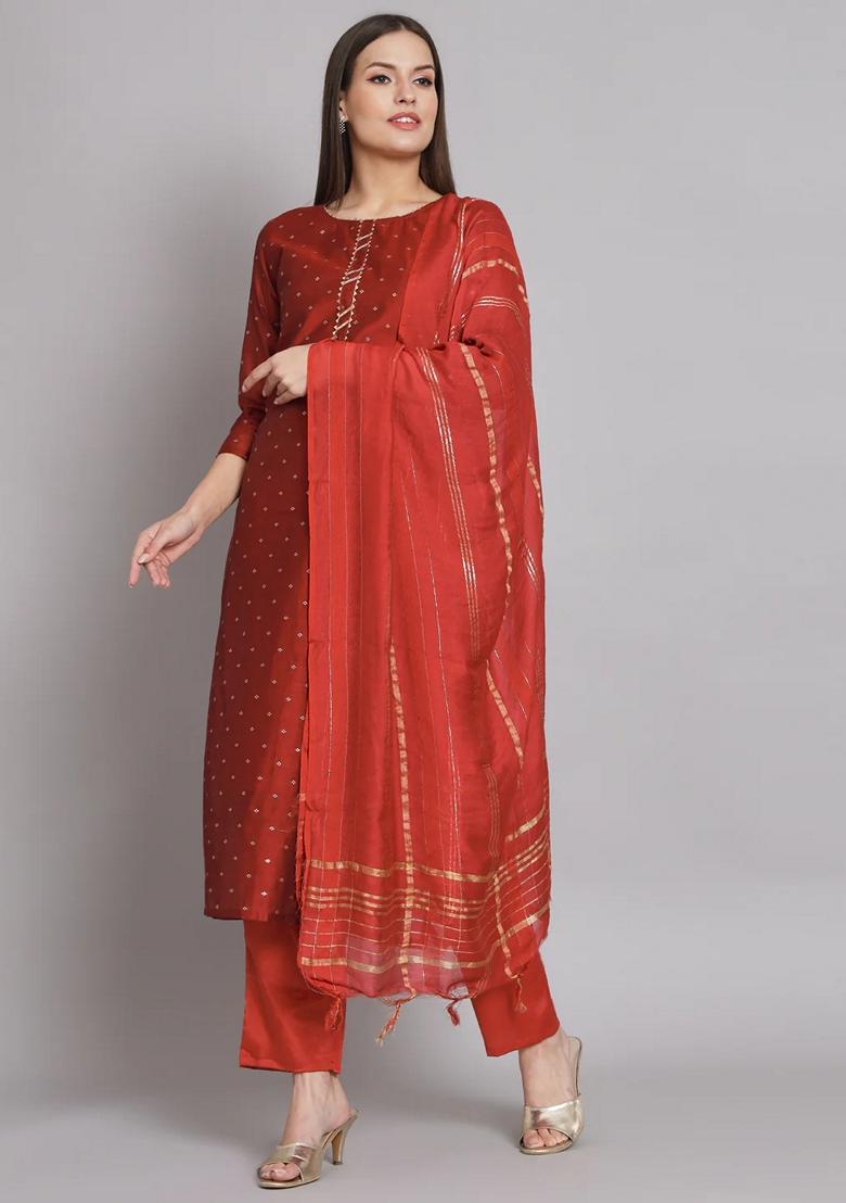 Maroon Embroidered Chanderi Salwar Kameez With Dupatta
