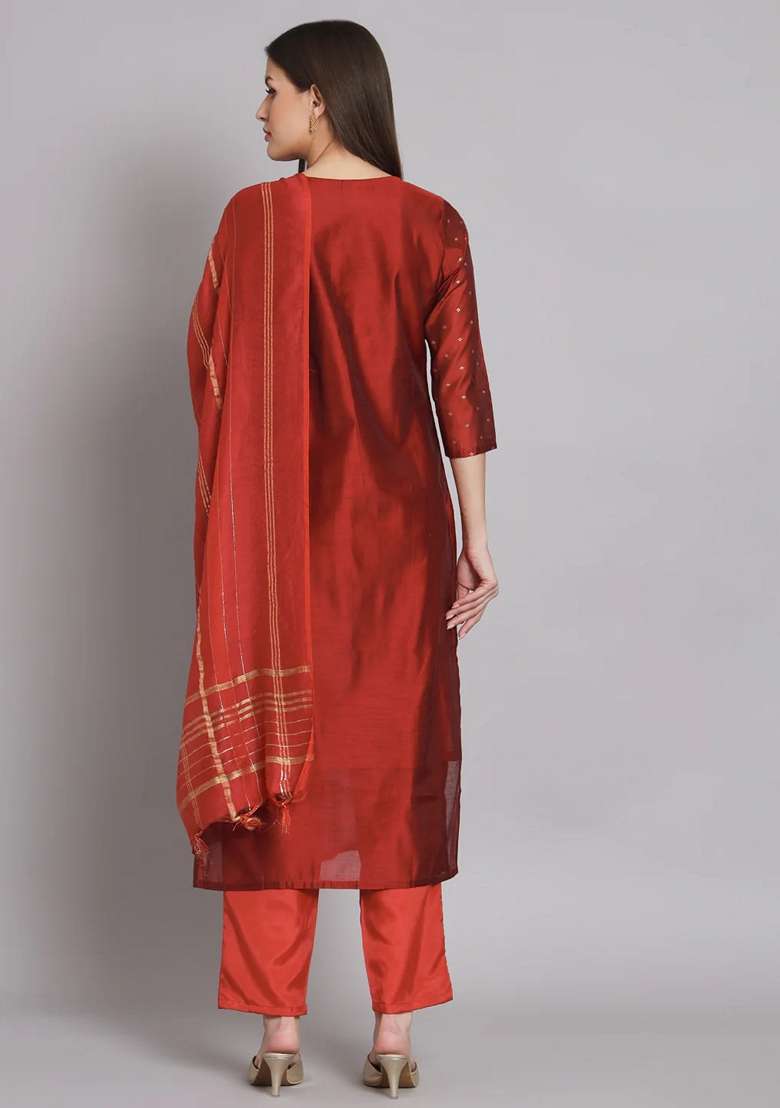 Maroon Printed Chanderi Straight Kurta Set - Indya