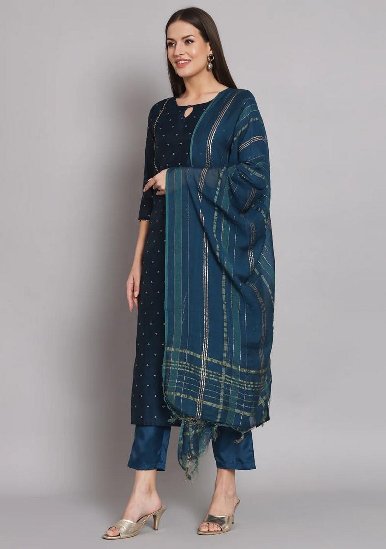 Blue Embroidered Chanderi Salwar Kameez With Dupatta