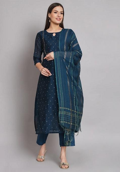 Blue Embroidered Chanderi Salwar Kameez With Dupatta
