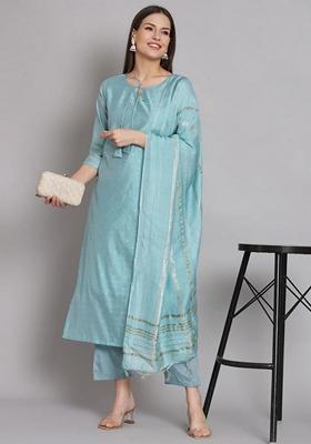 Blue Embroidered Chanderi Salwar Kameez With Dupatta