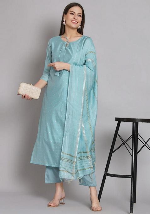 Blue Jacquard Chanderi Straight Kurta Set