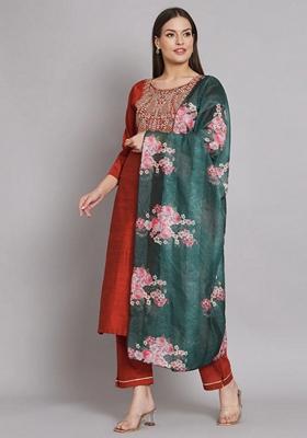 Maroon Embroidered Chanderi Salwar Kameez With Dupatta