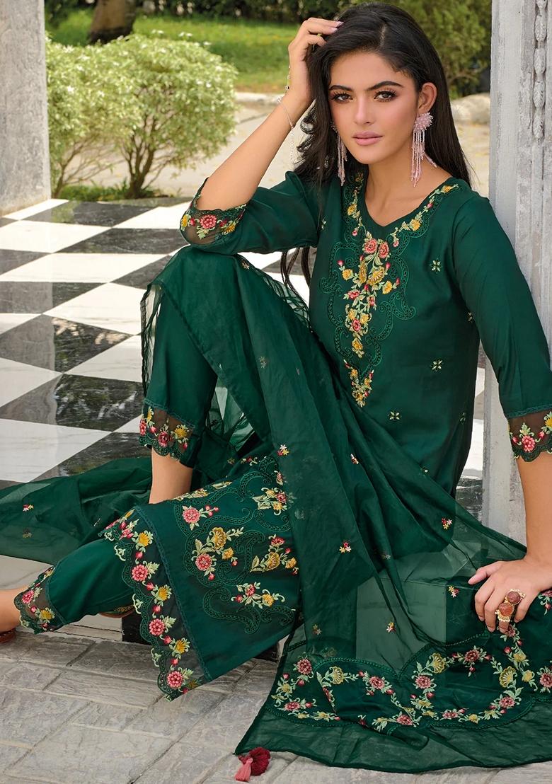 Green Embroidered Silk Blend Salwar Kameez With Dupatta