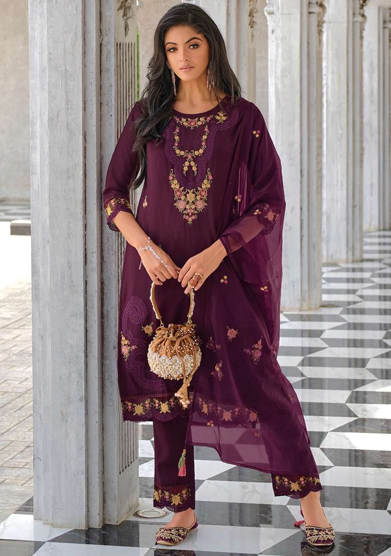 Purple Embroidered Silk Blend Salwar Kameez With Dupatta - Indya