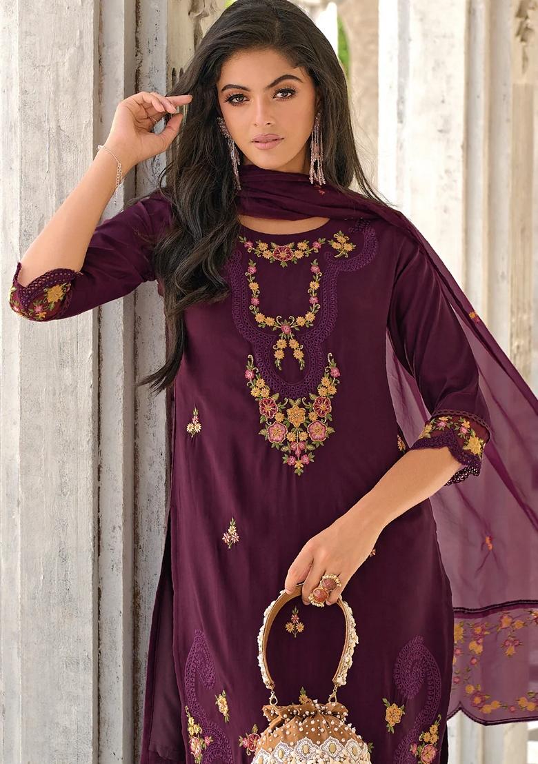 Purple Embroidered Silk Blend Salwar Kameez With Dupatta
