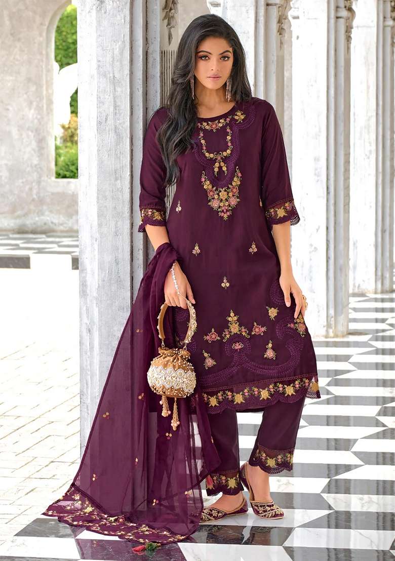 Purple Embroidered Silk Blend Salwar Kameez With Dupatta - Indya