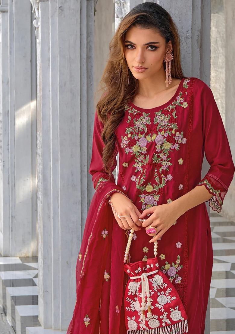 Red Embroidered Silk Blend Salwar Kameez With Dupatta
