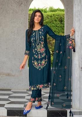 Teal Blue Embroidered Silk Blend Salwar Kameez With Dupatta