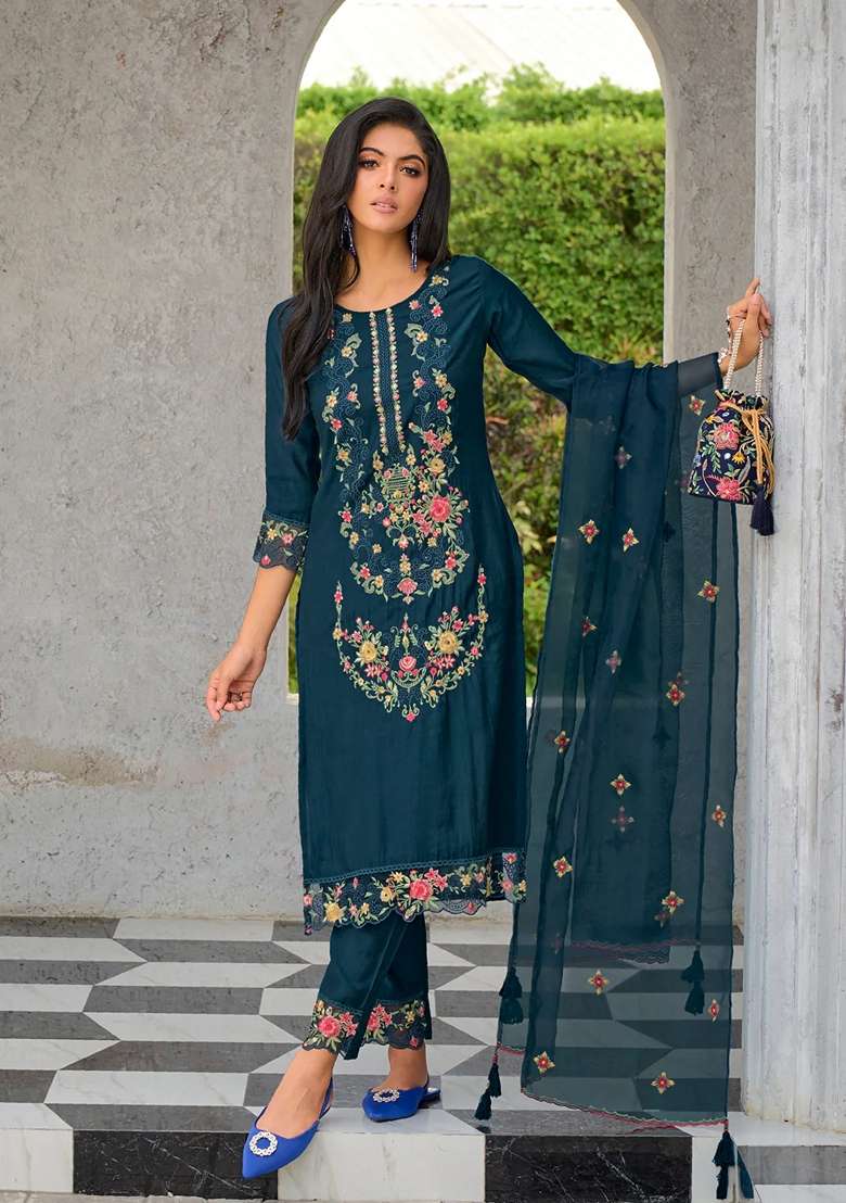 Teal Blue Embroidered Silk Blend Salwar Kameez With Dupatta - Indya