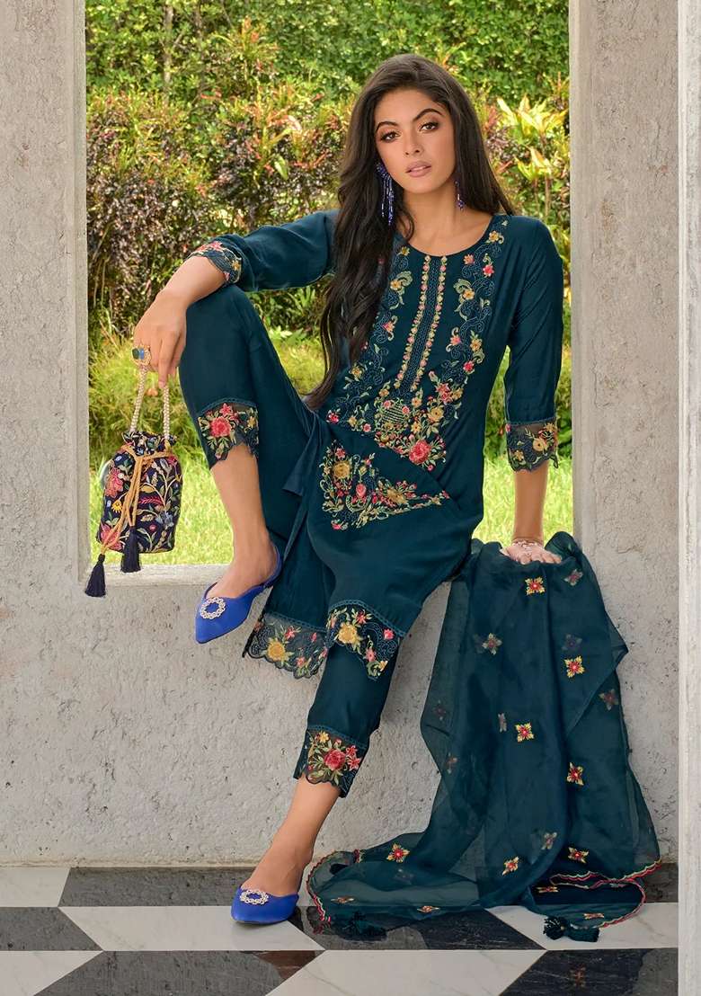 Teal Blue Embroidered Silk Blend Salwar Kameez With Dupatta - Indya