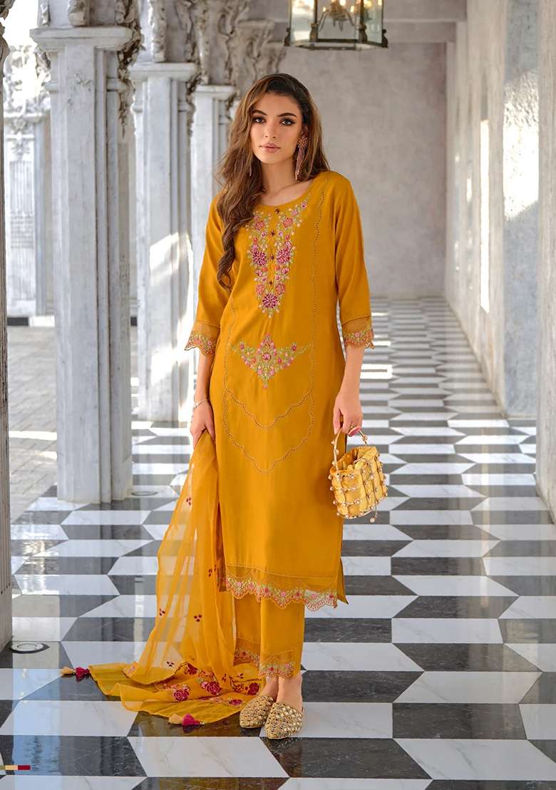 Yellow Embroidered Silk Blend Salwar Kameez With Dupatta - Indya