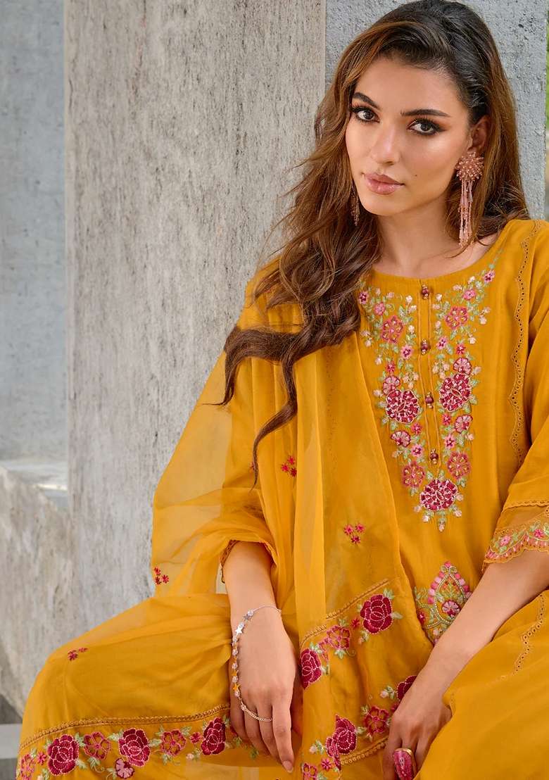 Yellow Embroidered Silk Blend Salwar Kameez With Dupatta - Indya