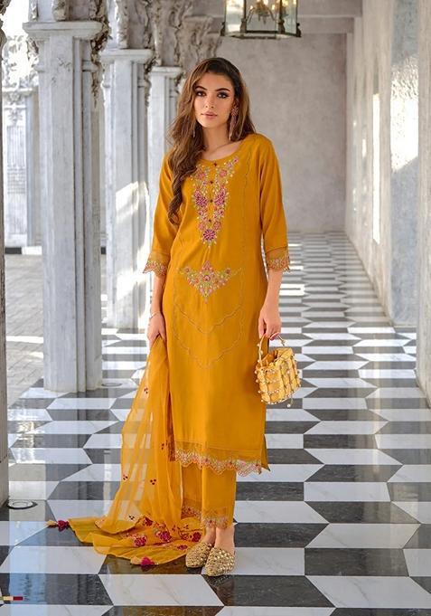 Yellow Embroidered Silk Blend Salwar Kameez With Dupatta