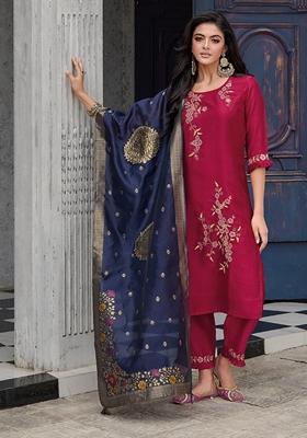 Red Embroidered Silk Blend Salwar Kameez With Dupatta