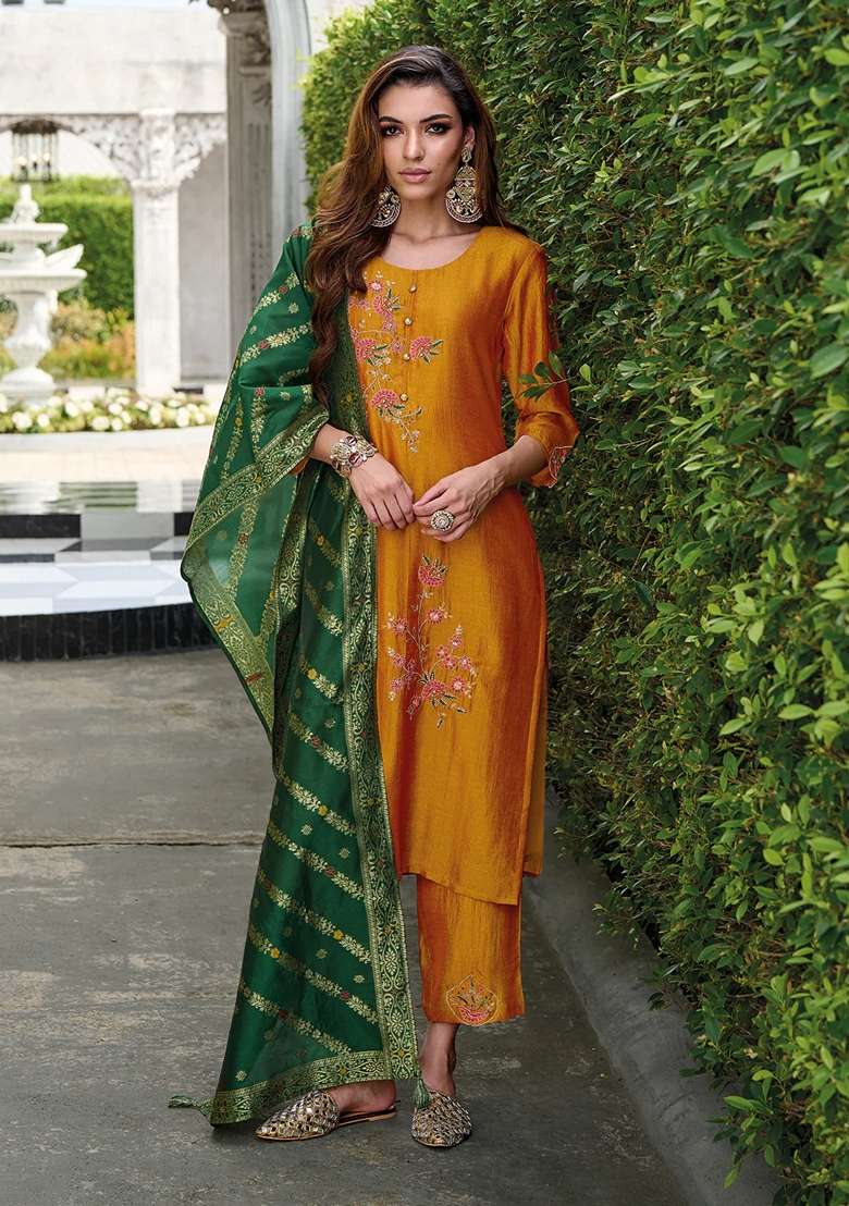 Mustard Yellow Embroidered Silk Blend Salwar Kameez With Dupatta - Indya