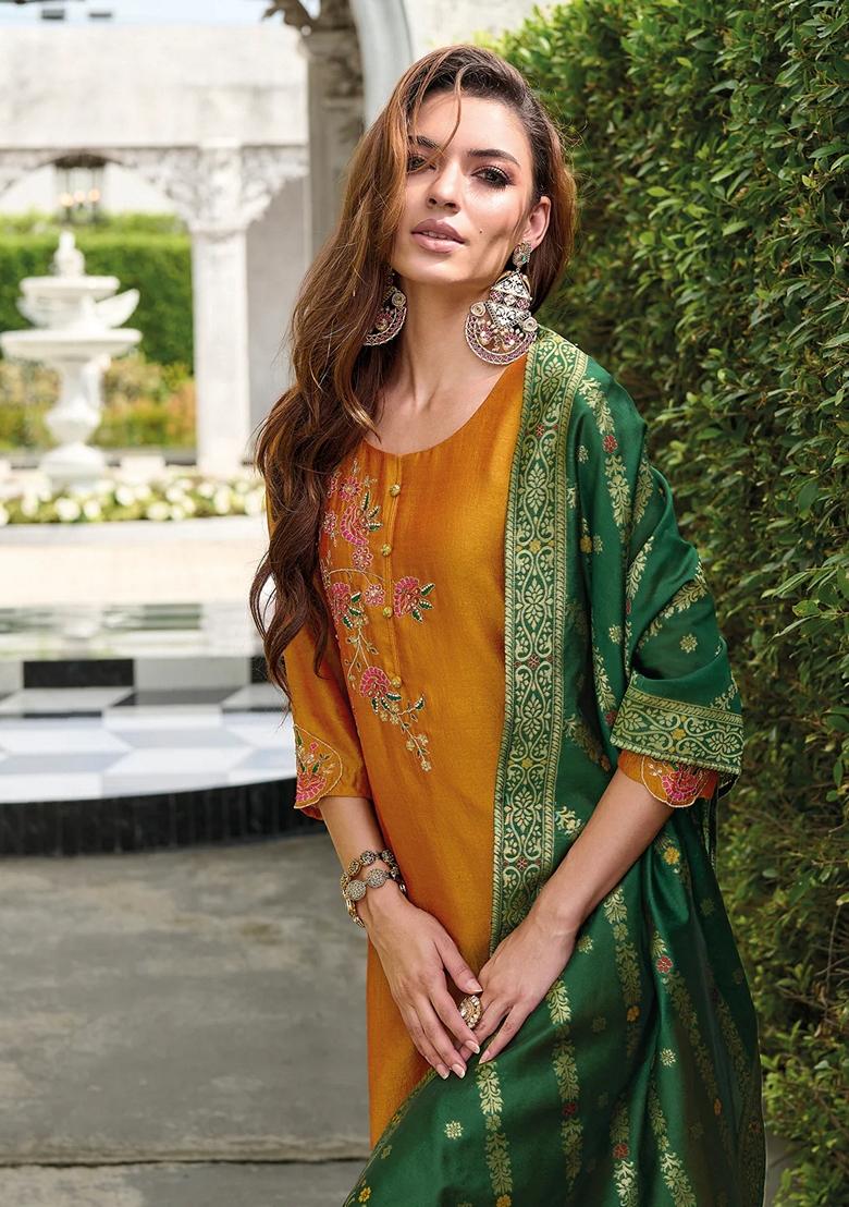 Mustard Yellow Embroidered Silk Blend Salwar Kameez With Dupatta