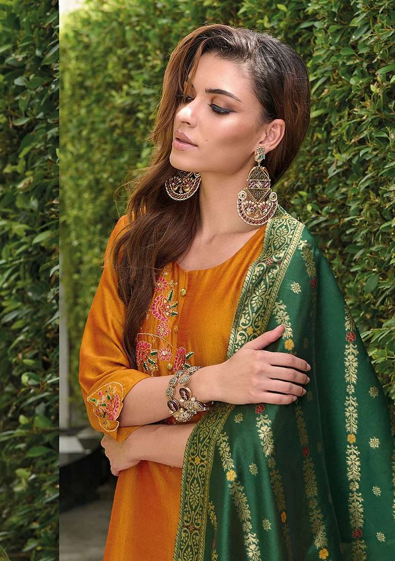 Mustard Yellow Embroidered Silk Blend Salwar Kameez With Dupatta - Indya