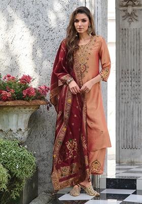 Peach Embroidered Silk Blend Salwar Kameez With Dupatta