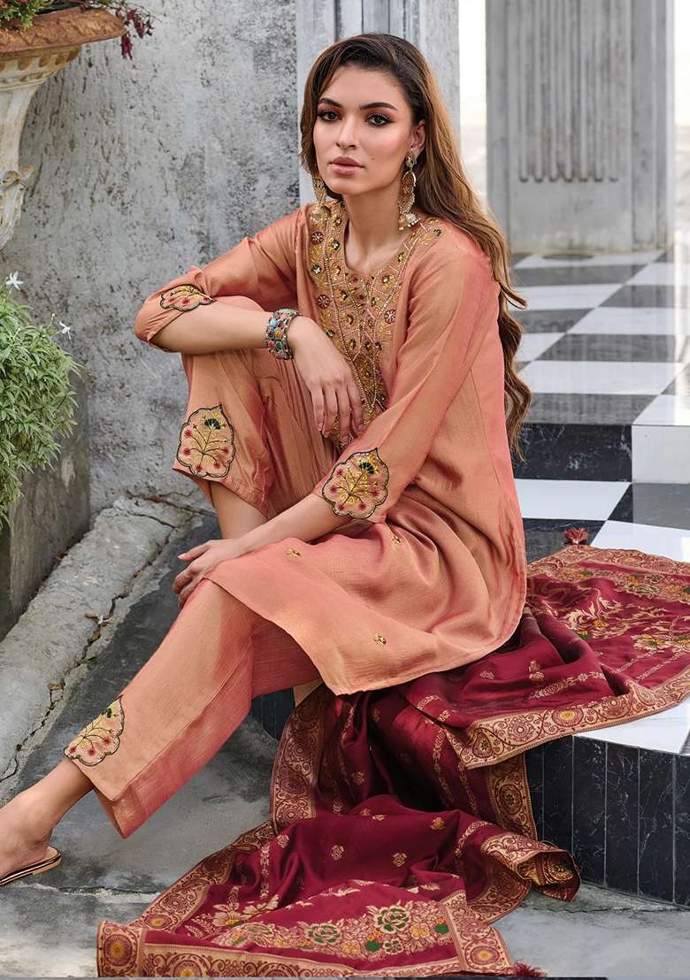 Peach Embroidered Silk Blend Salwar Kameez With Dupatta - Indya
