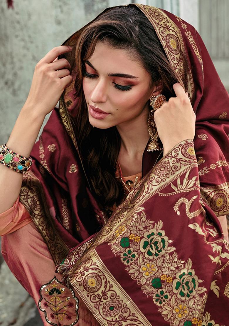 Peach Embroidered Silk Blend Salwar Kameez With Dupatta