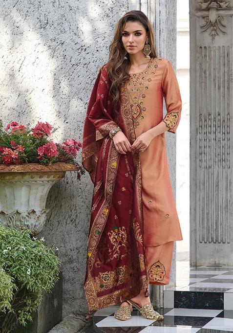 Peach Embroidered Silk Blend Salwar Kameez With Dupatta