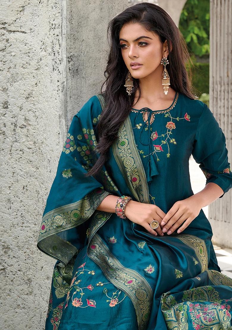 Teal Blue Embroidered Silk Blend Salwar Kameez With Dupatta