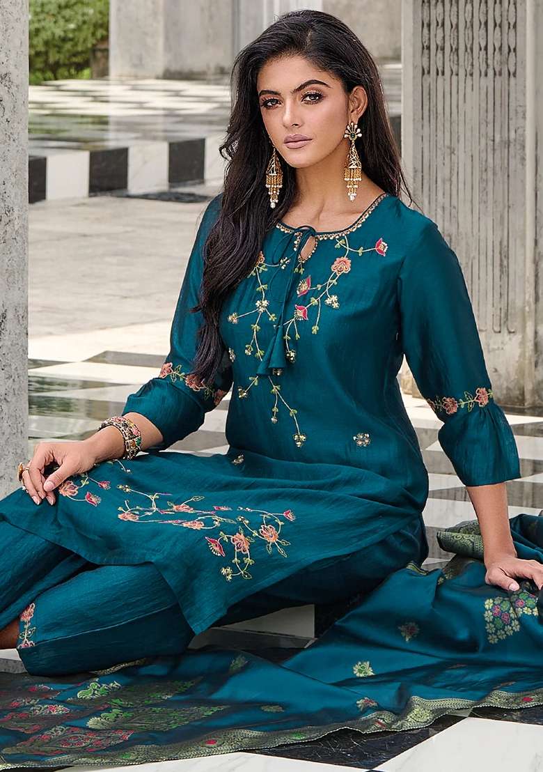 Teal Blue Embroidered Silk Blend Salwar Kameez With Dupatta - Indya