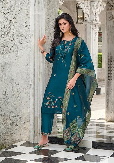 Teal Blue Embroidered Silk Blend Salwar Kameez With Dupatta