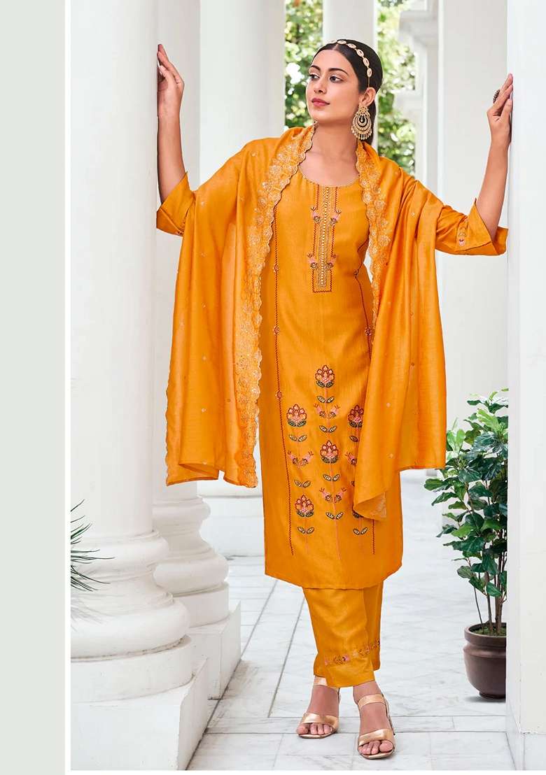 Yellow Embroidered Silk Blend Salwar Kameez With Dupatta - Indya