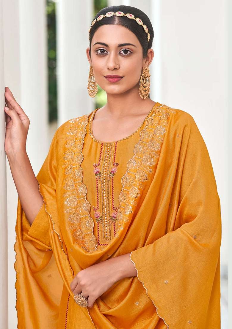 Yellow Embroidered Silk Blend Salwar Kameez With Dupatta - Indya