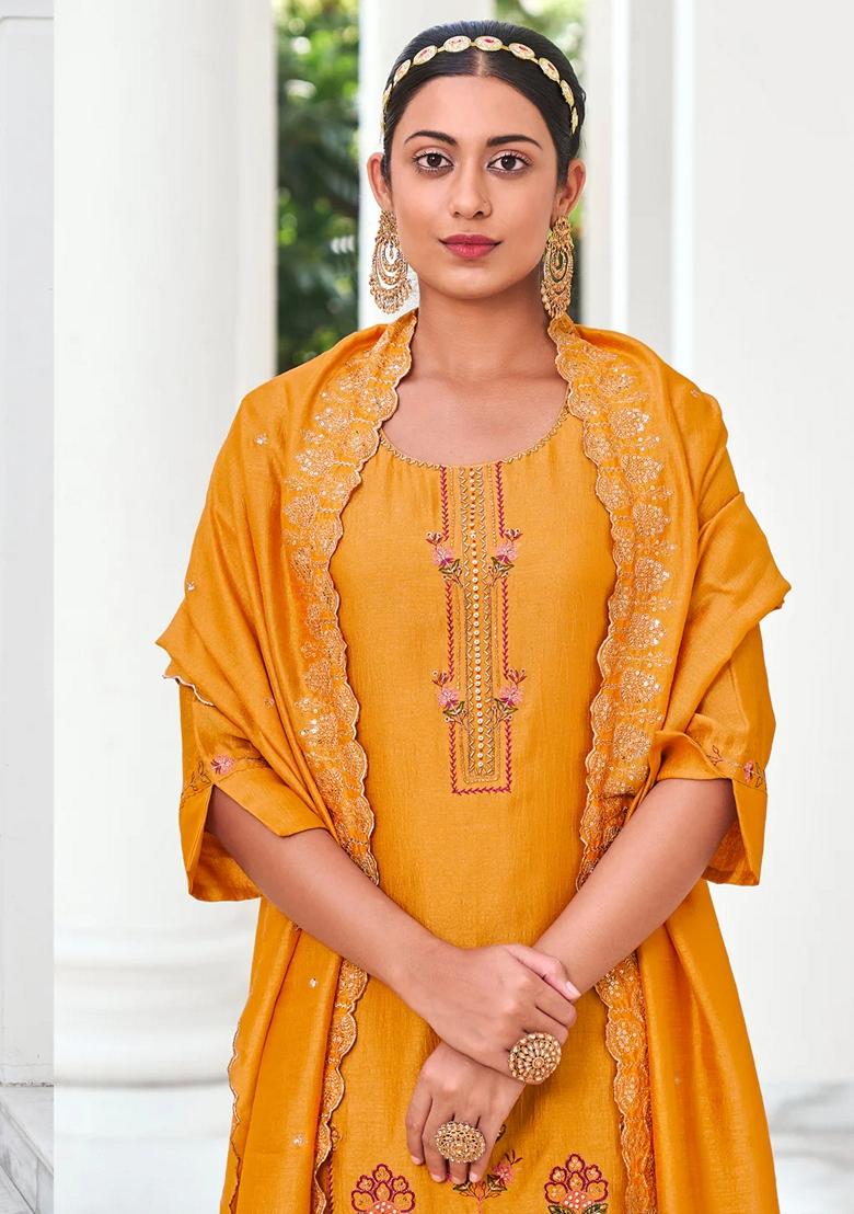 Yellow Embroidered Silk Blend Salwar Kameez With Dupatta