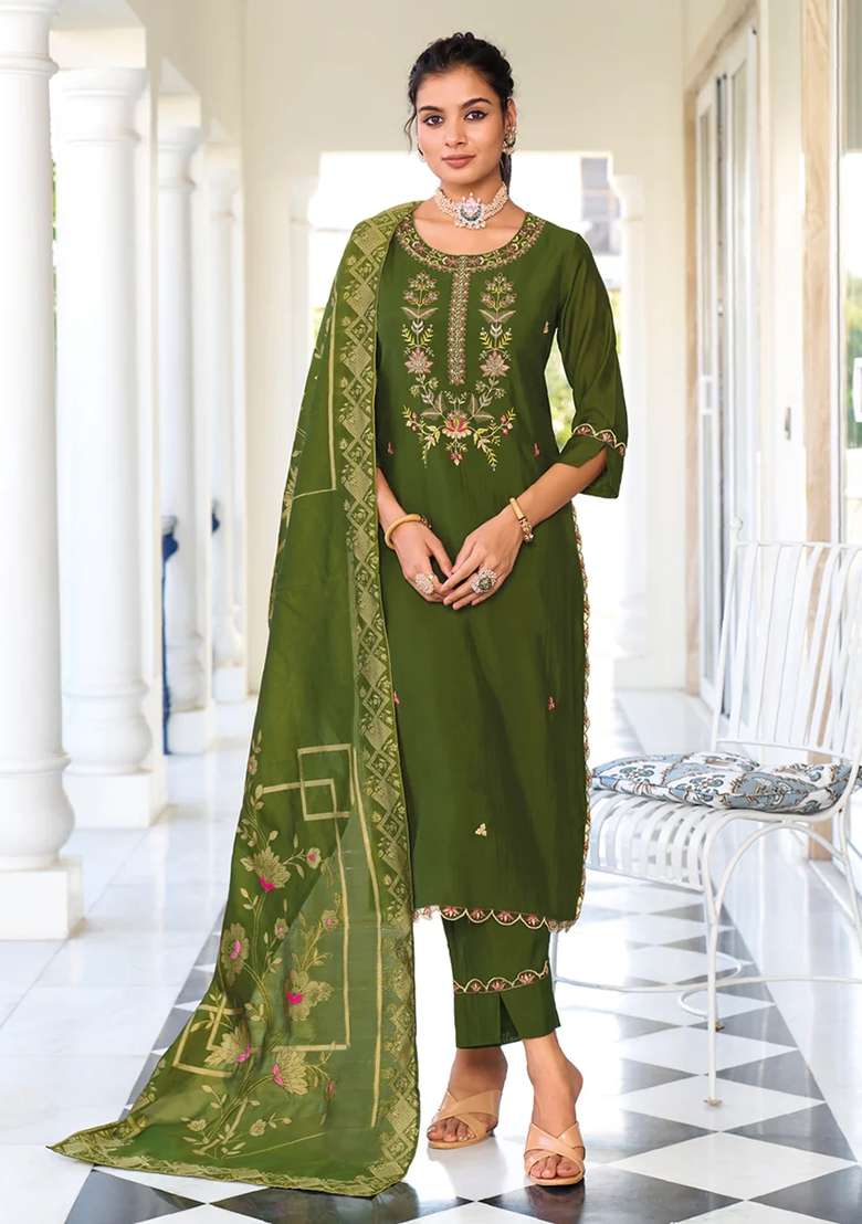 Mehendi Green Embroidered Silk Blend Salwar Kameez With Dupatta - Indya