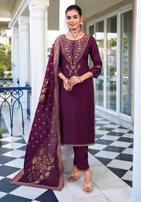 Purple Embroidered Silk Blend Salwar Kameez With Dupatta