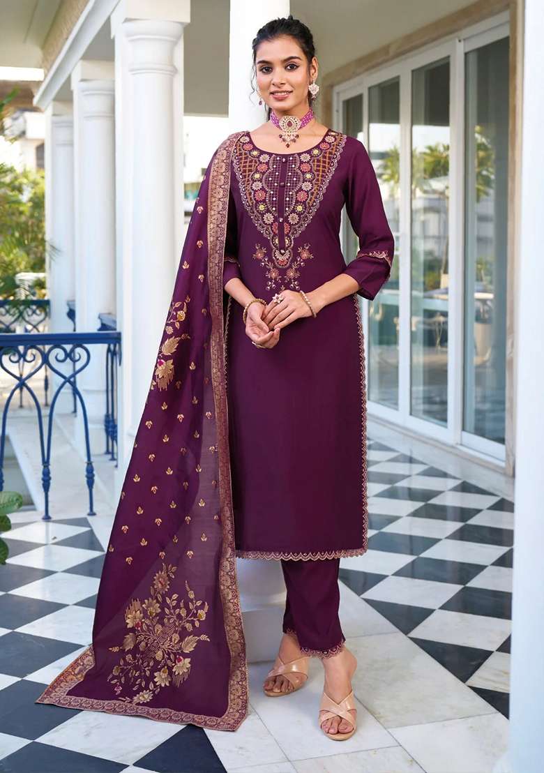 Purple Embroidered Silk Blend Salwar Kameez With Dupatta - Indya