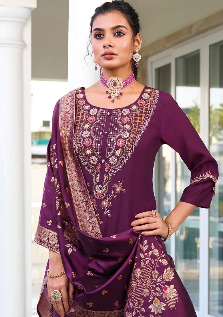 Purple Embroidered Silk Blend Salwar Kameez With Dupatta - Indya