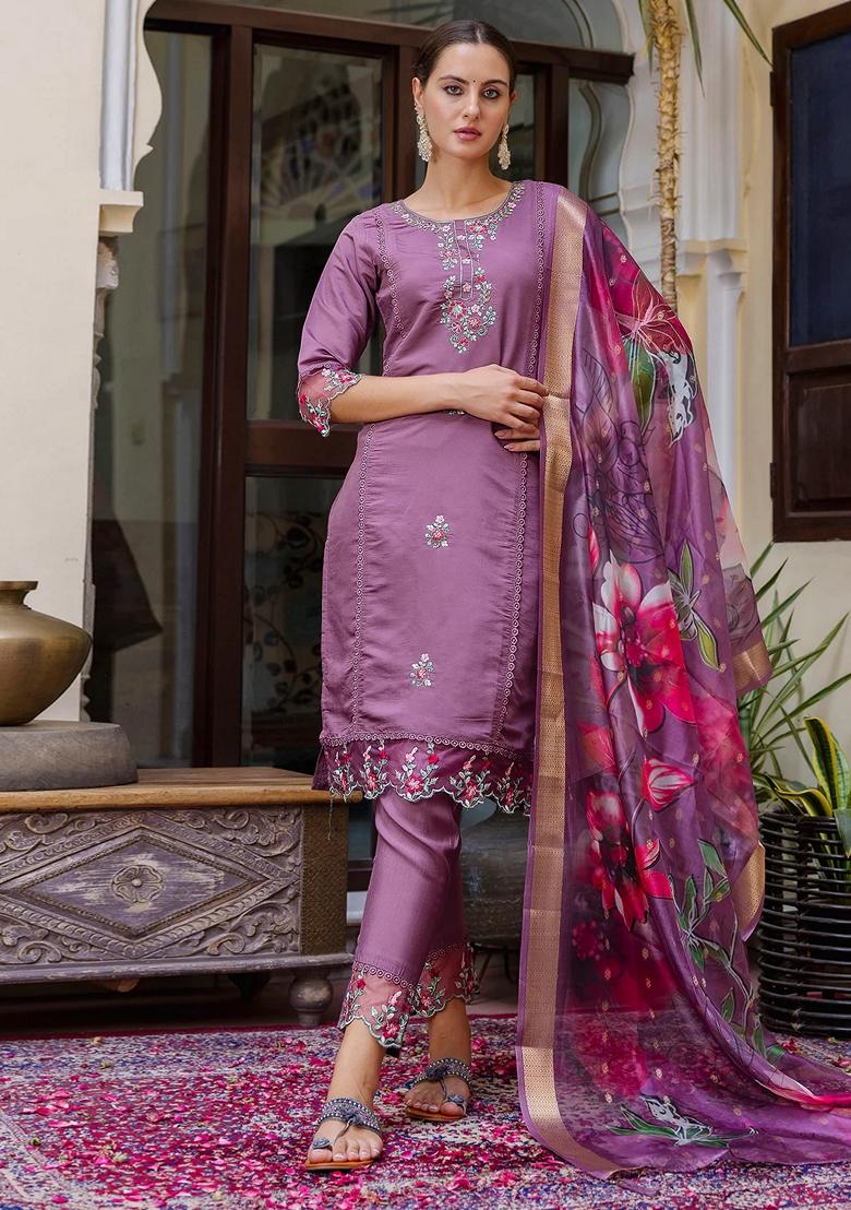 Purple Embroidered Silk Salwar Kameez With Dupatta