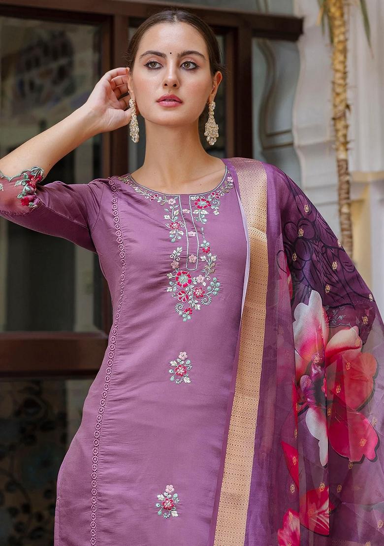 Purple Embroidered Silk Salwar Kameez With Dupatta