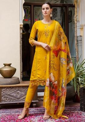 Mustard Yellow Embroidered Silk Salwar Kameez With Dupatta